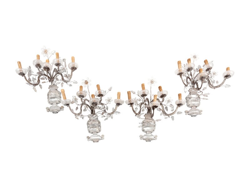 A Set of Four Maison Baguès-Style Rock Crystal and Silvered Metal Five-Arm Sconces (1 of 5)