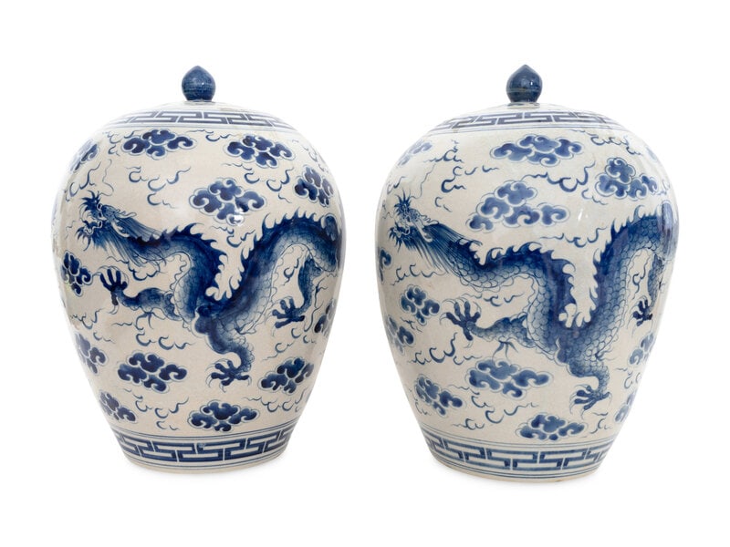 A Pair of Large Chinese Porcelain Blue and White Dragon Lidded Urns  (1 of 2)
