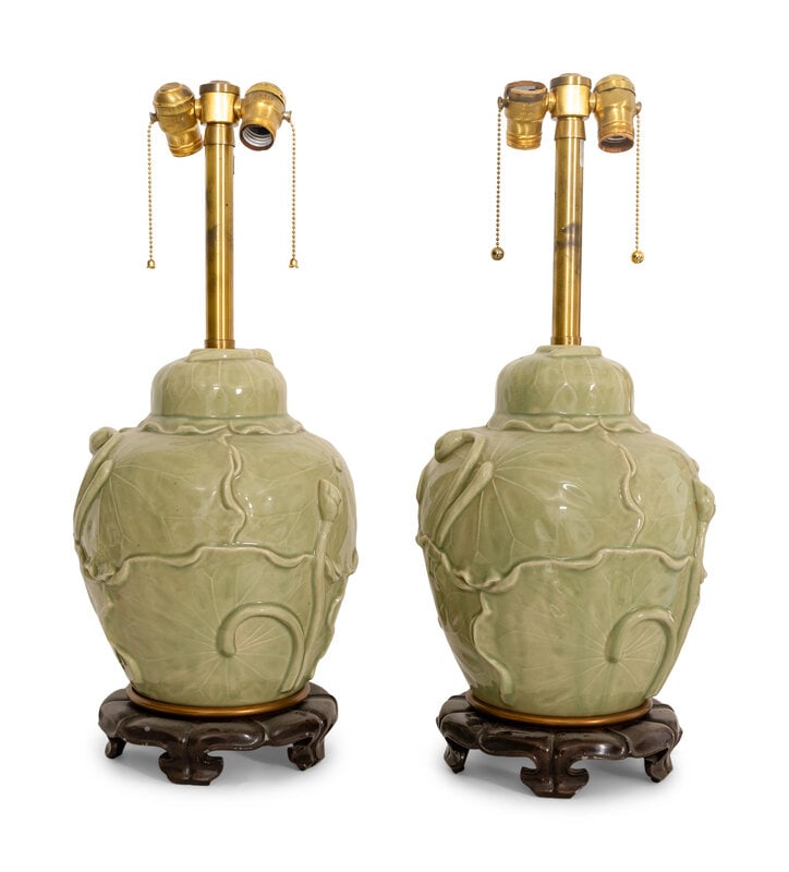 A Pair of Chinese Celadon Porcelain Jar Lamps with Bronze Stands  (1 of 2)