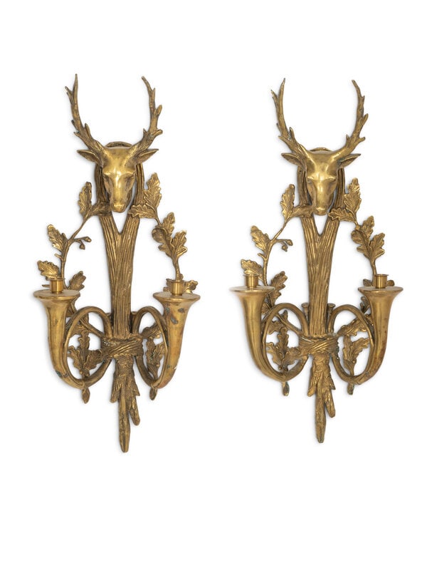 A Pair of English Brass Stag Head and Hunting Horn Sconces  (1 of 3)