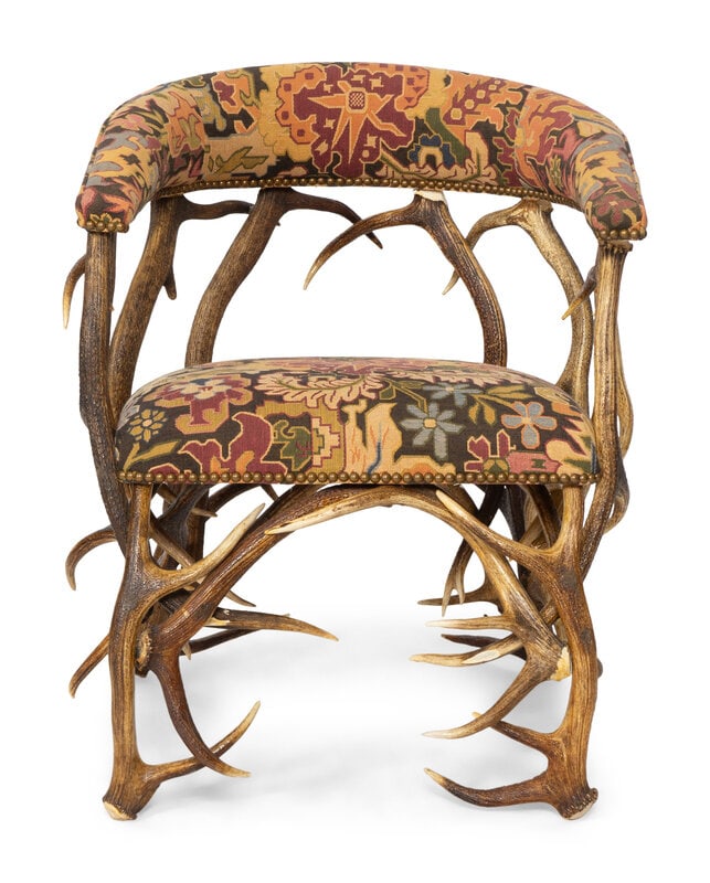 A Tapestry Upholstered Elk Antler Club Chair  (1 of 3)
