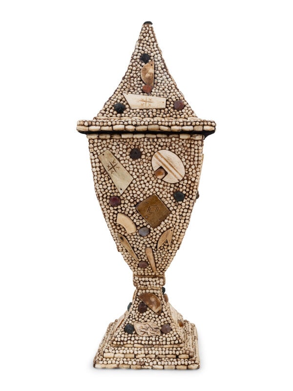 A Victorian Style Beadwork and Hardstone Mounted Lidded Urn: A Victorian Style Beadwork and Hardstone Mounted Lidded Urn Height 16 1/2 inches. This lot is located in Palm Beach. Property from a Prout's Neck, Maine Residence