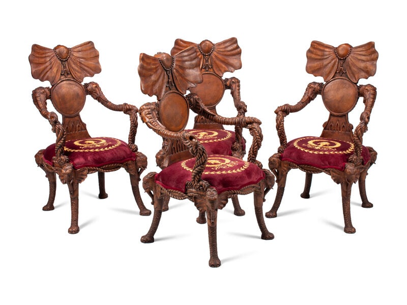 A Set of Four Carved Walnut Elephant Motif Fantasy Chairs (1 of 5)