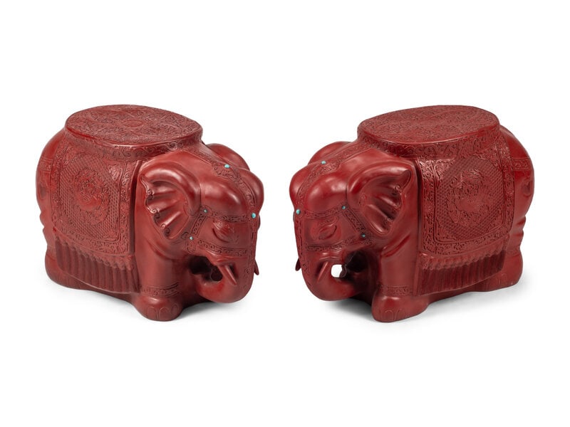 A Pair of Chinese Carved Red Lacquer and Turquoise Cabochon Elephant-Form Stools (1 of 5)