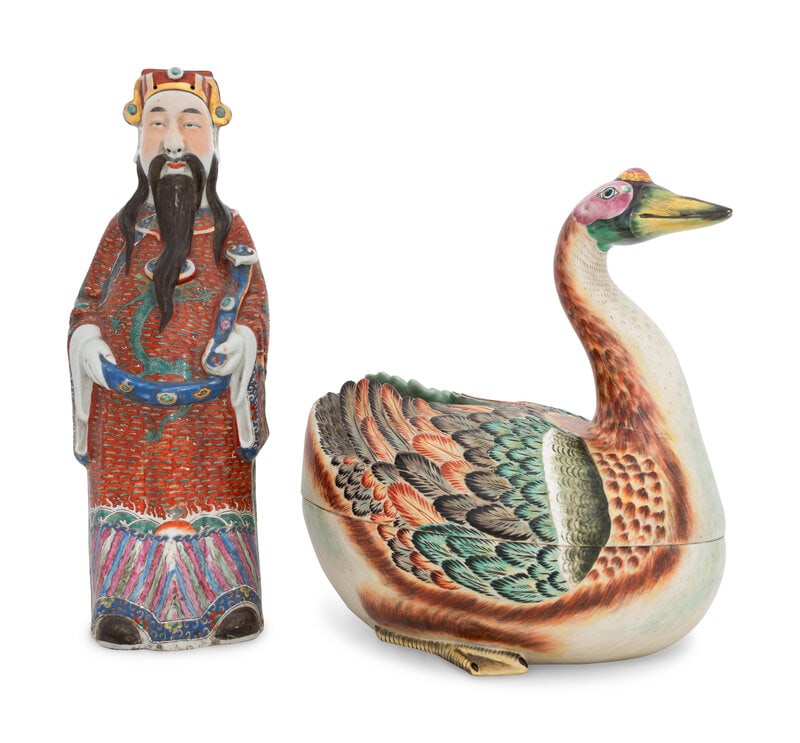 A Chinese Polychromed Sanxing God of Prosperity Figure and a Mottahedeh Ceramic Goose Tureen (1 of 3)