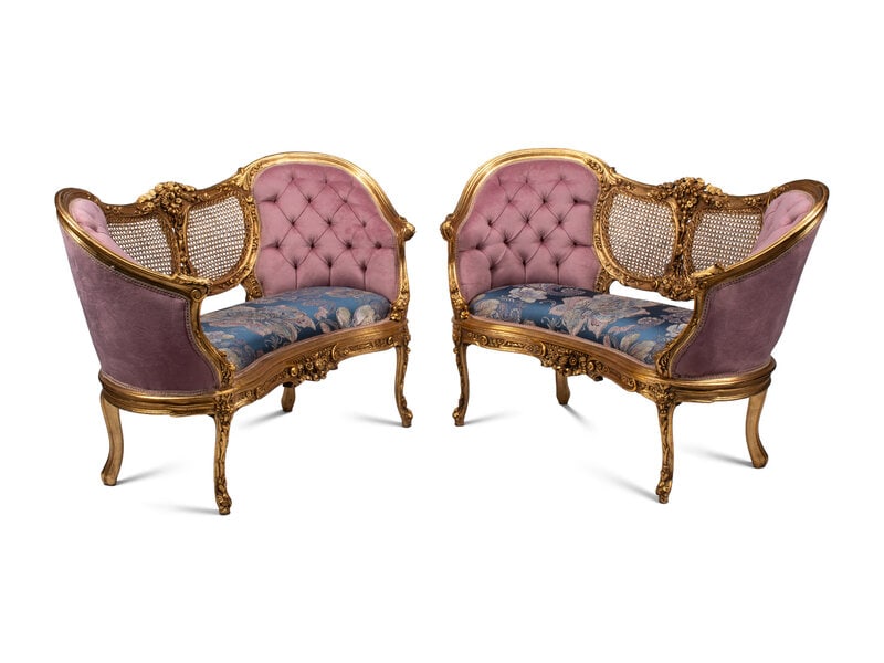 A Pair of Louis XV Style Giltwood Settees: A Pair of Louis XV Style Giltwood Settees 20th Century Height 34 ½ x width 54 x depth 24 inches. This lot is located in Palm Beach.
