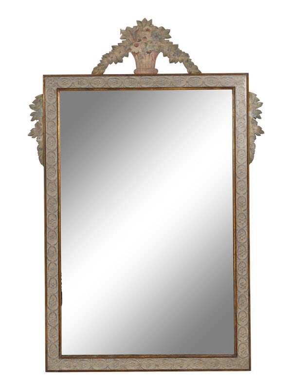 A Large Provincial Style Parcel Gilt Paint Decorated Mirror : A Large Provincial Style Parcel Gilt Paint Decorated Mirror 20th Century With basket and garland cut-out finial. Height 65 1/2 x width 44 inches. This lot is located in Palm Beach.<