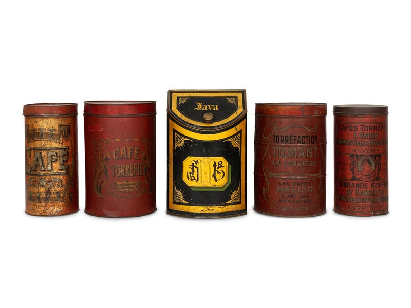 A Chinese Export Tole Tea Bin and Four Continental Coffee Tins  (1 of 3)