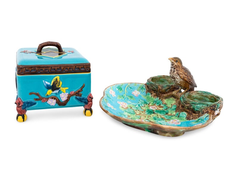 A George Jones Majolica Thrush Strawberry Server and Associated Italian Majolica Box : A George Jones Majolica Thrush Strawberry Server and Associated Italian Majolica Box 19th Century and Later George Jones Majolica Strawberry Server bearing an English registry mark and paper label fr