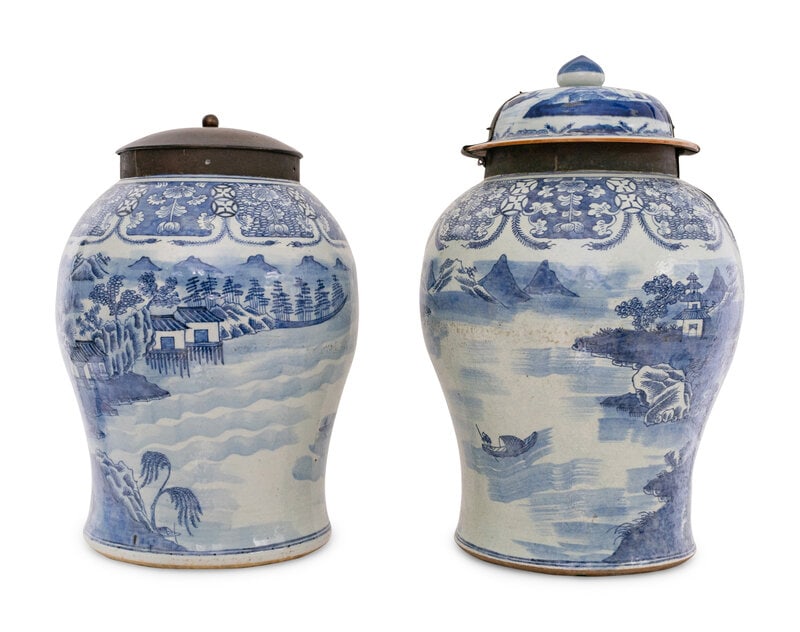 A Pair of Large Canton Export Brass-Mounted Porcelain Jars: A Pair of Large Canton Export Brass-Mounted Porcelain Jars 19th Century One retaining its original porcelain lid, the other with an associated brass lid. Height (with lid) 25 inches. </