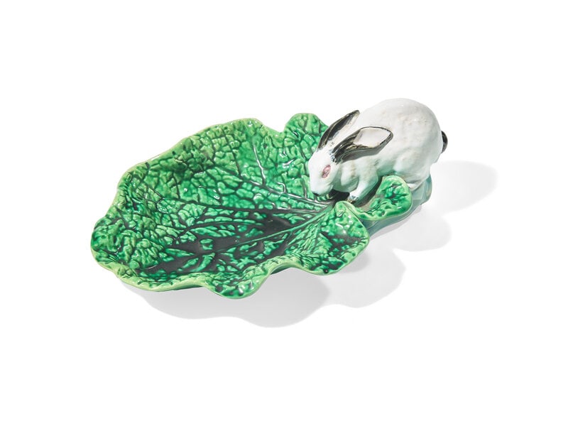 A Mintons Majolica Rabbit and Cabbage Leaf-Form Serving Dish: A Mintons Majolica Rabbit and Cabbage Leaf-Form Serving Dish England, Date Mark for 1876 with impressed marks to underside. Height 3 x length 9 inches. This lot is located in Phil