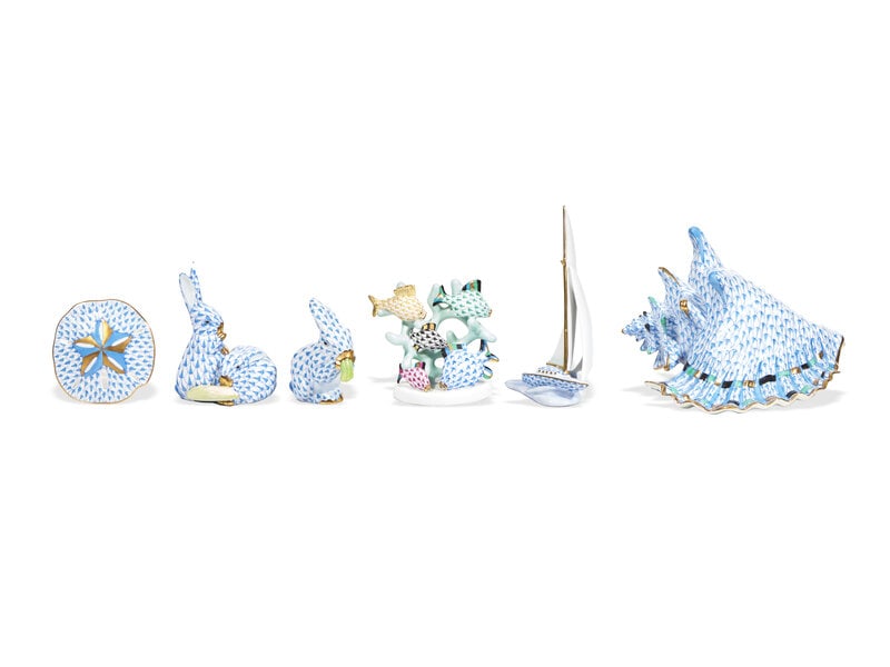 Six Herend Porcelain Articles: Six Herend Porcelain Articles comprising a conch shell, a sailboat, a fish group, a sand dollar, a rabbit, and a rabbit group, all marked. Height 4 1/4 inches x width 6 inches x depth 6 inches (shell)