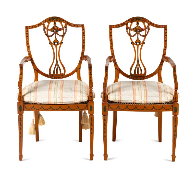 A Pair of Edwardian Painted Armchairs: A Pair of Edwardian Painted Armchairs Height 38 x width 19 3/4 x depth 19 1/4 inches. This lot is located in Chicago. Property from the Buck Family Collection, Philadelphia
