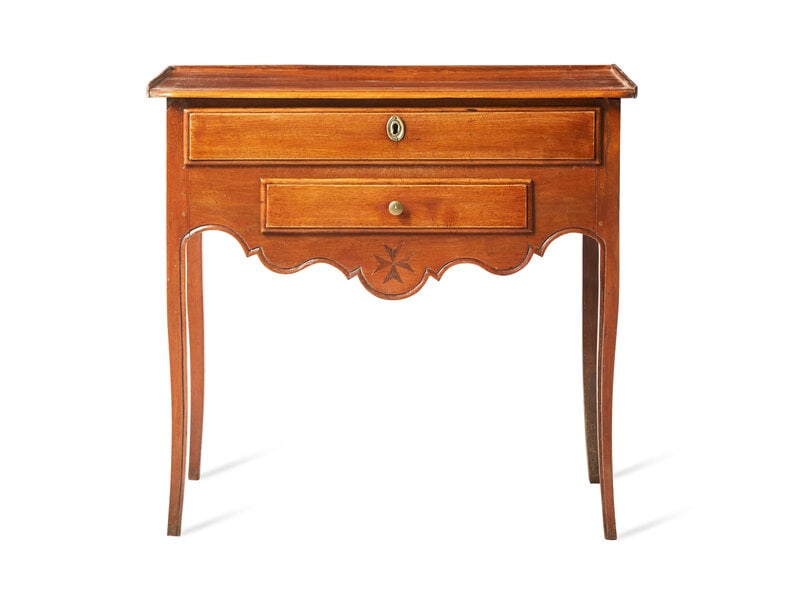 A Louis XVI Inlaid Fruitwood Writing Table: A Louis XVI Inlaid Fruitwood Writing Table Late 18th / Early 19th Century Height 26 3/4 inches x width 29 inches x depth 18 1/2 inches. This lot is located in Philadelphia. Propert