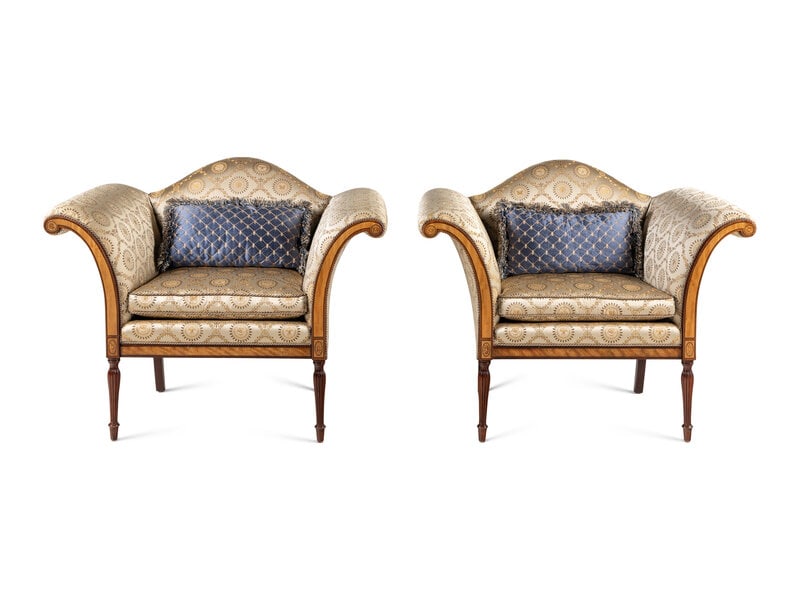 A Pair of of Regency Style Camelback Armchairs with Damask Upholstery (1 of 3)