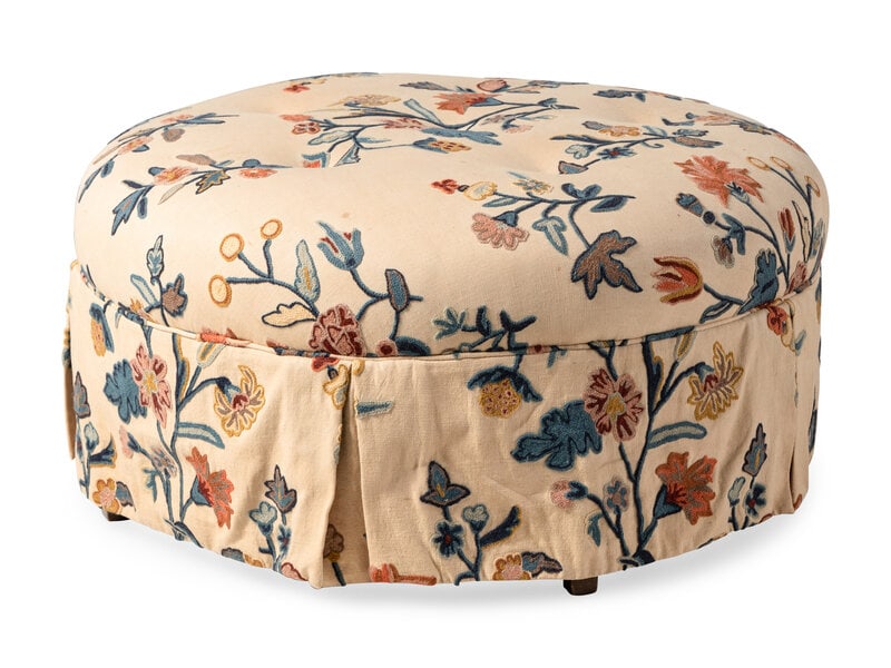 A Button-Tufted Circular Ottoman with Crewelwork Upholstery (1 of 2)