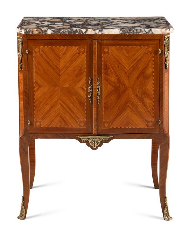 A French Tulipwood Marble-Top Cabinet: A French Tulipwood Marble-Top Cabinet Height 40 x width 27 x depth 14 3/4 inches. This lot is located in Chicago.