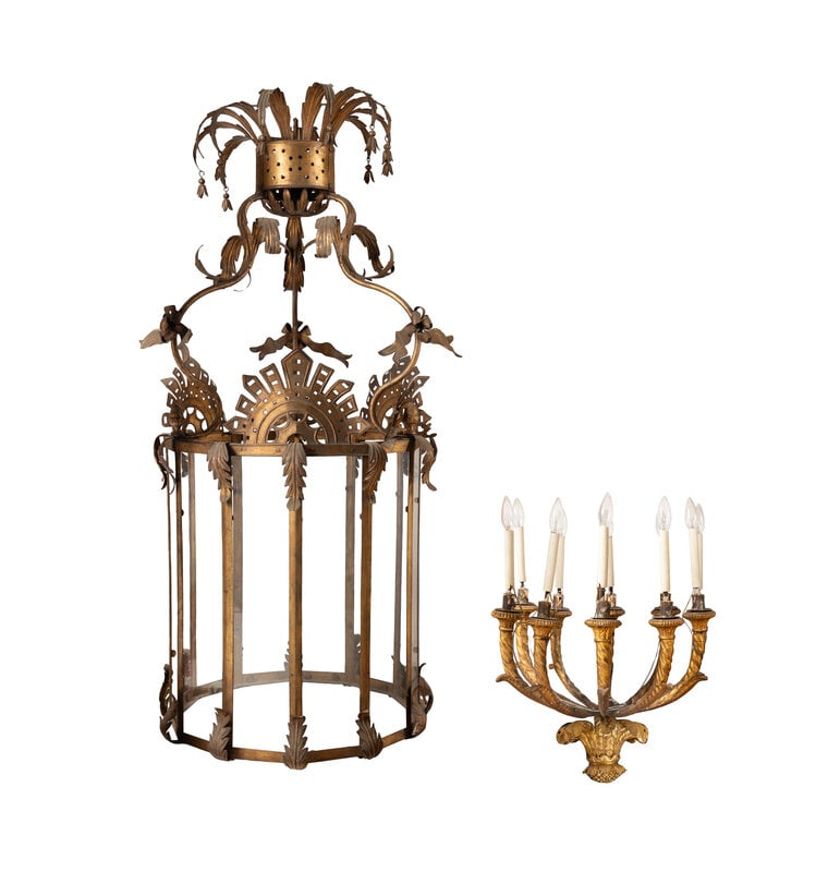 A Large Gilt Tôle, Glass and Giltwood Hall Lantern from the Embassy of Italy, Washington, D.C. (1 of 3)
