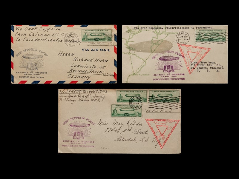 [FLIGHT COVERS] A Group of Three Graf Zeppelin Century of Progress United States Dispatched Flight C: [FLIGHT COVERS] A Group of Three Graf Zeppelin Century of Progress United States Dispatched Flight Covers (AAMC #Z-216). one example with C18 Century of Progress 50c tied with 'New York