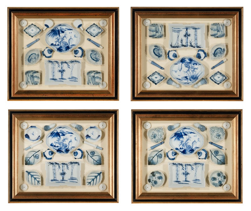 Four Shadow Boxes Mounted with Chinese Blue-and-White Porcelain Articles (1 of 11)