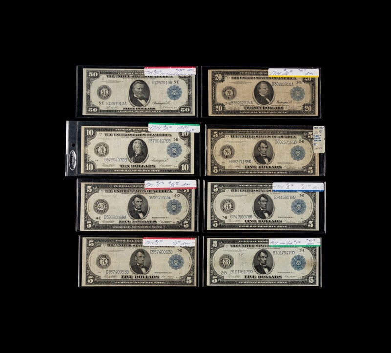 A Collection of Eight Series 1914 Federal Reserve Notes (1 of 2)