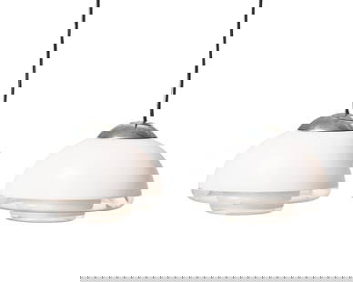 Verner Panton for Louis Poulsen (Danish, 1926–1998) Pair of Europa pendant lights: Verner Panton for Louis Poulsen (Danish, 1926–1998) Pair of Europa pendant lights glass, chrome-plated metal 9 h × 11½ dia in | shades This lot is located in Philadelphia. Louis Poulso