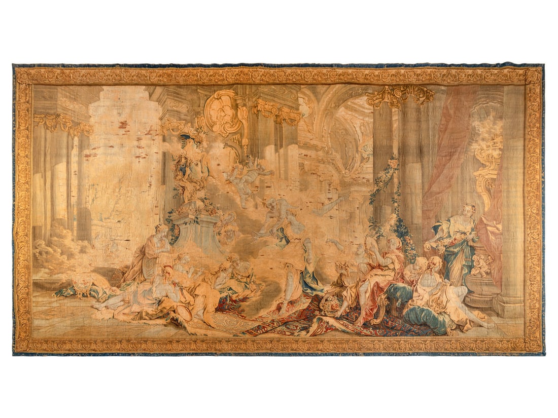 A Beauvais Mythological Tapestry: A Beauvais Mythological Tapestry After a cartoon by François Boucher, woven under direction of Jean-Baptiste Oudry and Nicolas Besnier, Mid 18th Century depicting Zephyr Leading Psyche into the P