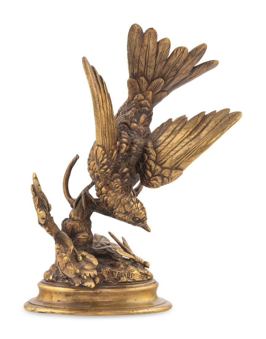 Paul-Édouard Delabrièrre (French, 1829–1912): Paul-Édouard Delabrièrre (French, 1829–1912) Bird Viewing A Dragonfly gilt bronze signed Delabrierre Height 9 inches. This lot is located in Chicago. Property from the Estate of Elliot