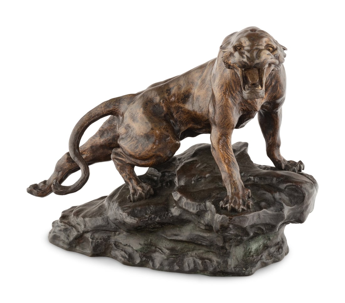 Thomas François Cartier (French, 1879-1943): Thomas François Cartier (French, 1879-1943) Tigre Rugissant bronze signed Th. Cartier and stamped with foundry seal 'Vrai Bronze/ BD/ Paris' Height 11 x width 15 x depth 8 inches. This lot is loc