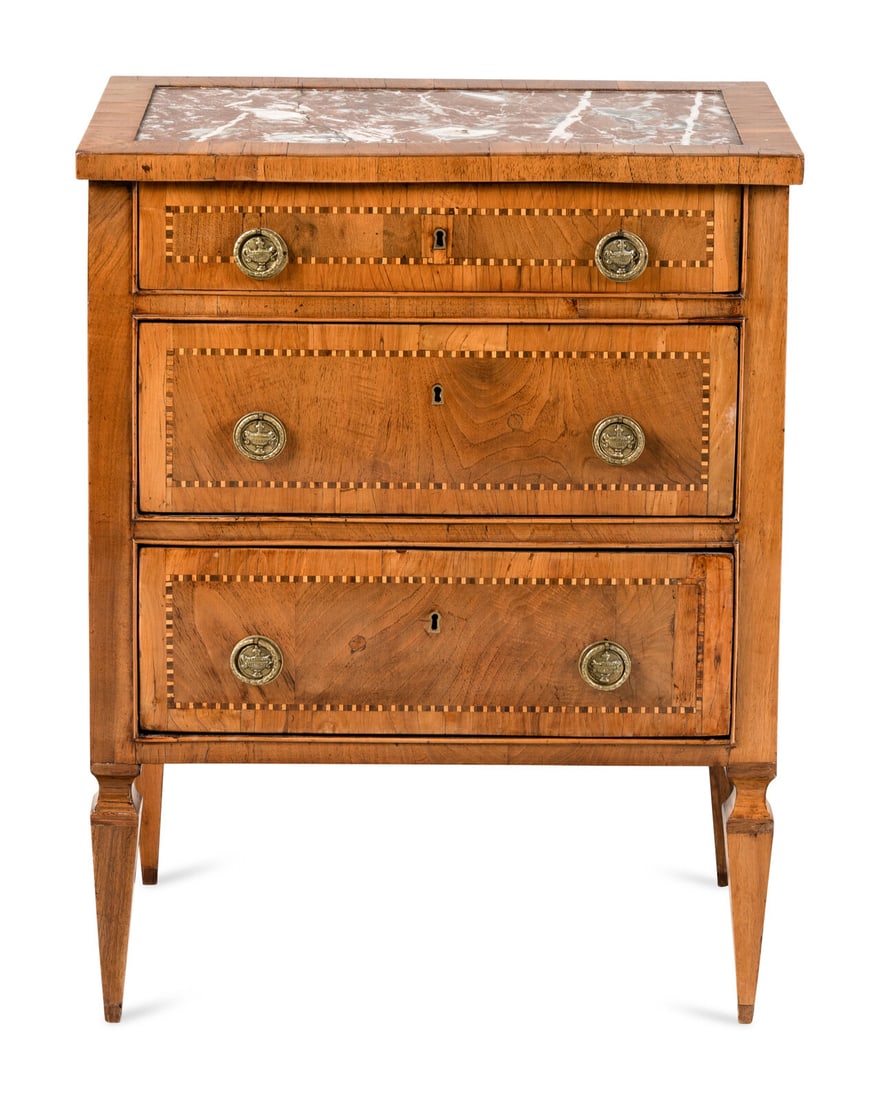 A North Italian Inlaid Walnut and Red Marble Inset Commodino: A North Italian Inlaid Walnut and Red Marble Inset Commodino 19th Century Height 33 1/4 x width 25 5/8 x depth 14 3/8 inches. This lot is located in Chicago.