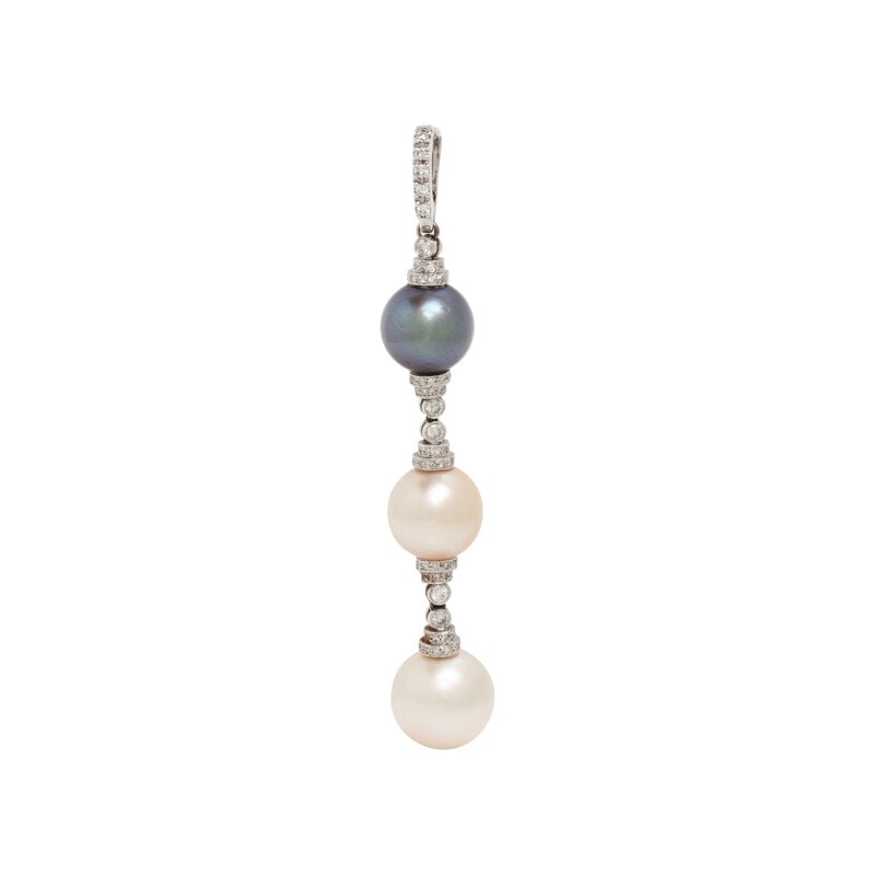 CHIMENTO, WHITE GOLD, CULTURED PEARL, AND DIAMOND PENDANT: CHIMENTO, WHITE GOLD, CULTURED PEARL, AND DIAMOND PENDANT Cultured pearls measuring approximately 13.00 - 14.50 mm and round diamonds weighing approximately 0.75 carat total. 18 karat white gold. 3 1/