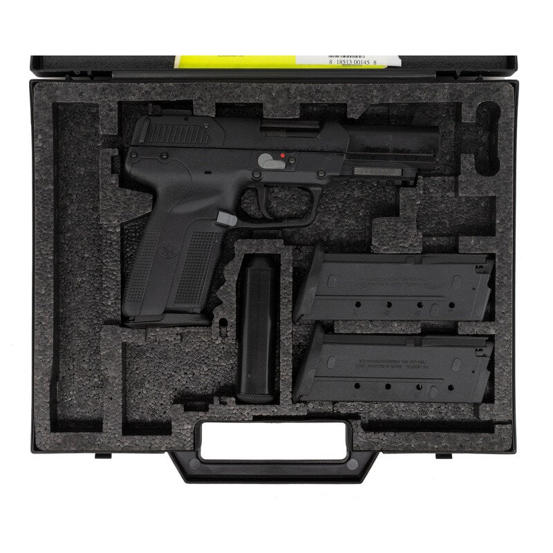 *FN Five-seveN Pistol in Factory Box: *FN Five-seveN Pistol in Factory Box 5.7x28mm. 4.8" barrel. SN: 386106718. Blackened slide, black polymer frame. Single action striker fired semi-automatic pistol with removable magazine, Picatinny ra