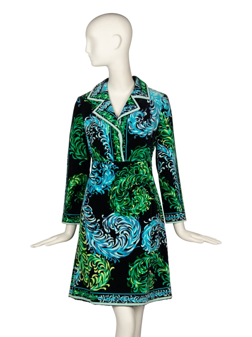 EMILIO PUCCI, VELVET COAT DRESS: EMILIO PUCCI, VELVET COAT DRESS Coat dress in cotton velvet with multicolor, all-over feather print. Notch lapels; snap closures at chest front. Knee length skirt with pleats at waist. Wrist length sl
