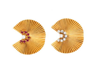 MCTEIGUE FOR TIFFANY & CO., PAIR OF YELLOW GOLD, DIAMOND, AND RUBY FAN BROOCHES: MCTEIGUE FOR TIFFANY & CO., PAIR OF YELLOW GOLD, DIAMOND, AND RUBY FAN BROOCHES Round diamonds and rubies. 18 karat yellow gold. Each 1 1/4 x 1 1/8 inches. Stamp: S-McT 18KT TIFFANY & Co. Stamp: S