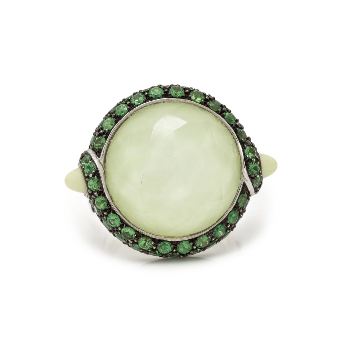 STEPHEN WEBSTER, WHITE GOLD AND MULTIGEM RING: STEPHEN WEBSTER, WHITE GOLD AND MULTIGEM RING Round faceted quartz atop light green stone, round cabochon light green stones, and round tsavorite garnet. 18 karat white gold. Ring size 6 1/4. Stamp: S