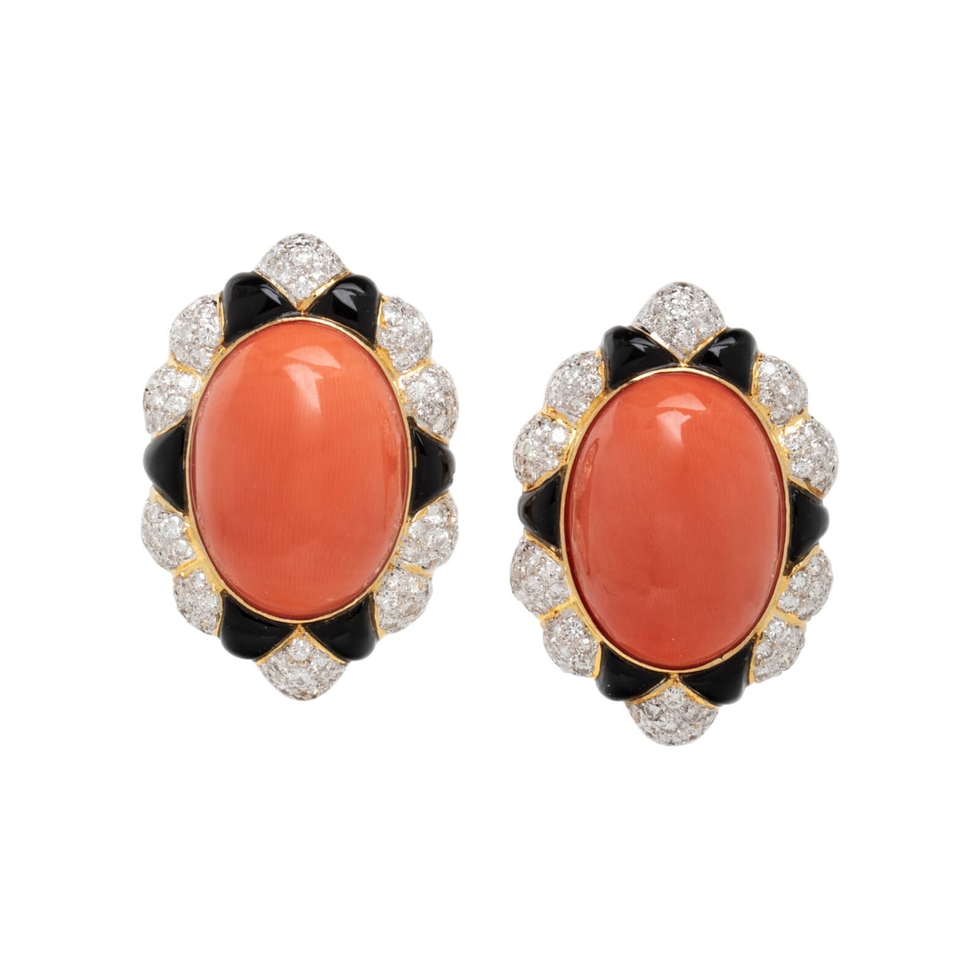 BICOLOR GOLD, CORAL, ENAMEL, AND DIAMOND EARRINGS: BICOLOR GOLD, CORAL, ENAMEL, AND DIAMOND EARRINGS Oval cabochon coral measuring approximately 21.55 x 15.50 x 8.50 mm, black enamel, and round diamonds weighing approximately 1.95 carats total. 18 kar