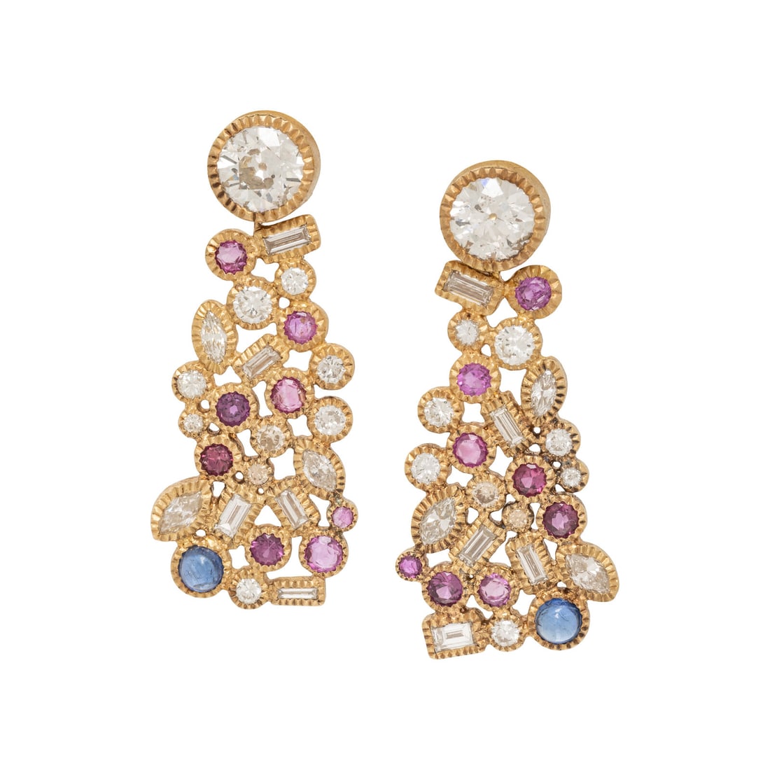 TODD REED, YELLOW GOLD, DIAMOND, RUBY AND SAPPHIRE EARRINGS (1 of 3)