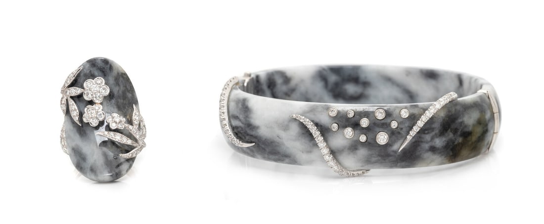 LAURA MUNDER, BLACK AND WHITE JADE AND DIAMOND BRACELET AND RING: LAURA MUNDER, BLACK AND WHITE JADE AND DIAMOND BRACELET AND RING Bangle bracelet containing black and white jade and round diamonds weighing approximately 1.05 carats total, and a ring set with black