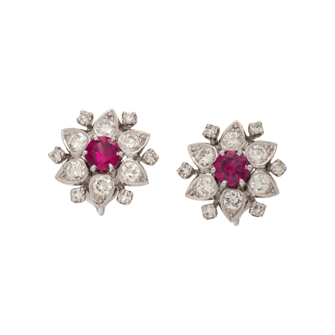 SYNTHETIC PINK SAPPHIRE AND DIAMOND EARRINGS: SYNTHETIC PINK SAPPHIRE AND DIAMOND EARRINGS Round synthetic pink sapphires and round diamonds. White gold. 1/2 inch long. Gross weight: 3.00 dwt.