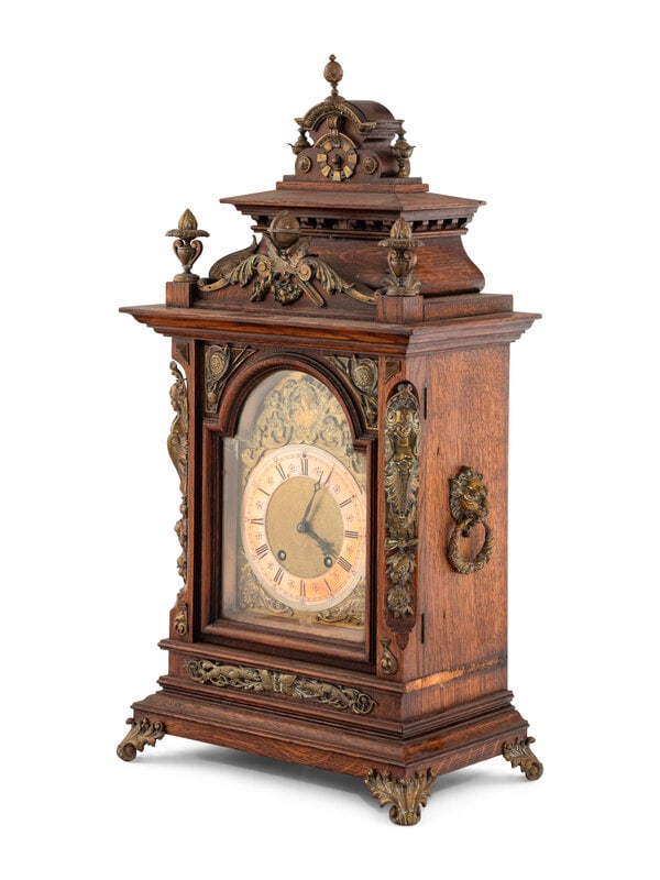 A Lenzkirch Renaissance Revival Gilt Metal Mounted Oak Mantel Clock (1 of 2)