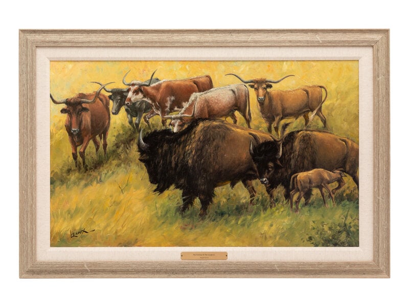 August (Curley) Lenox (American, 1908-1986) Coming of the Longhorn: August (Curley) Lenox (American, 1908-1986) Coming of the Longhorn oil/acrylic 39 x 23 inches. This lot is located in Denver. Property from the Collection of a Missouri Company <