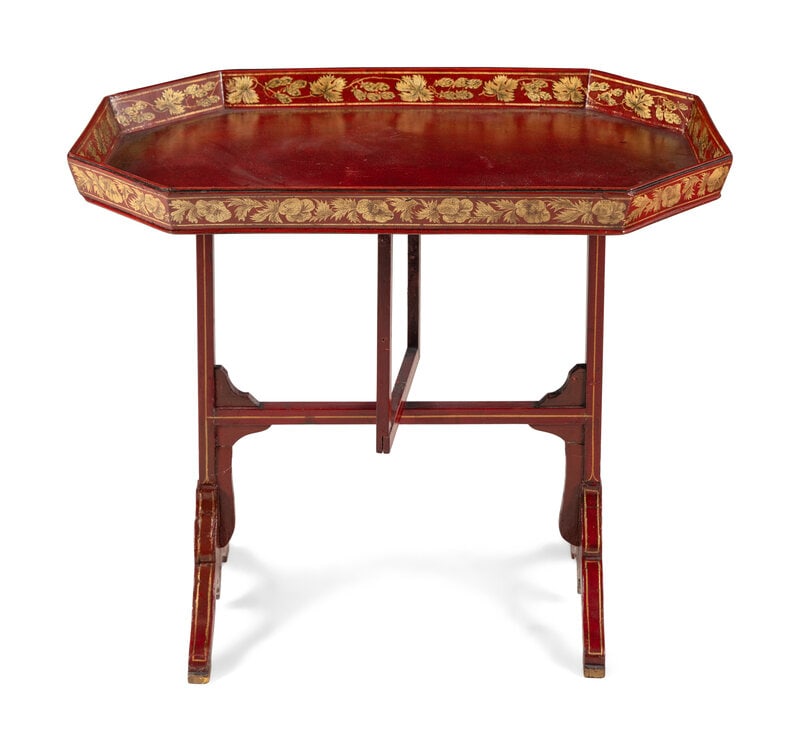 An English Painted and Parcel-Gilt Tilt-Top Tray on Stand: An English Painted and Parcel-Gilt Tilt-Top Tray on Stand Mid 19th Century Height 24 1/4 x width 30 1/4 x depth 20 3/4 inches. This lot is located in Chicago. Property from the Priv