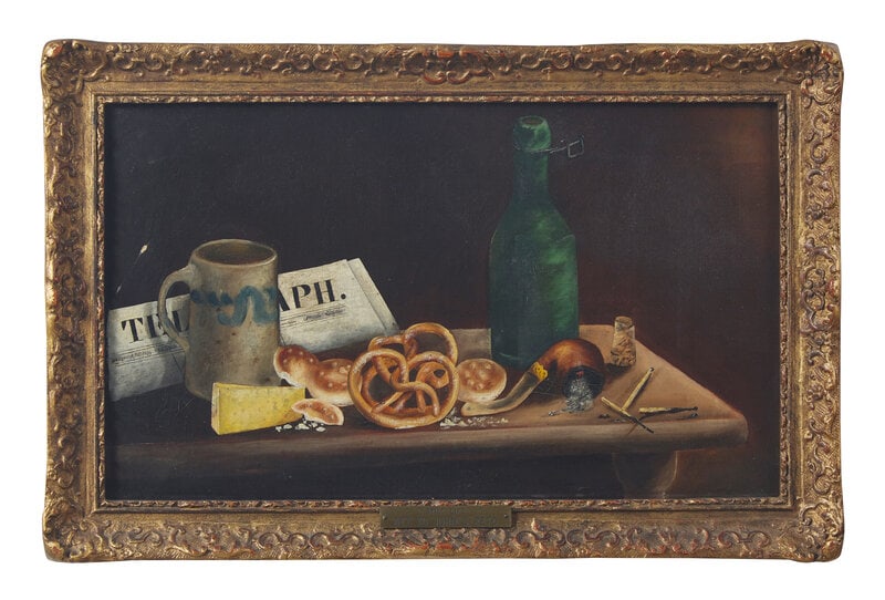 Style of John Frederick Peto (American, 1854-1907) Still Life with Pretzels: Style of John Frederick Peto (American, 1854-1907) Still Life with Pretzels oil on canvas 12 x 20 inches. This lot is located in Philadelphia. Size 12 x 20 inches.