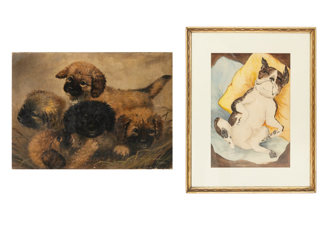 British School, 19th Century, Five Puppies and Sleeping French Bulldog (two works) (1 of 14)