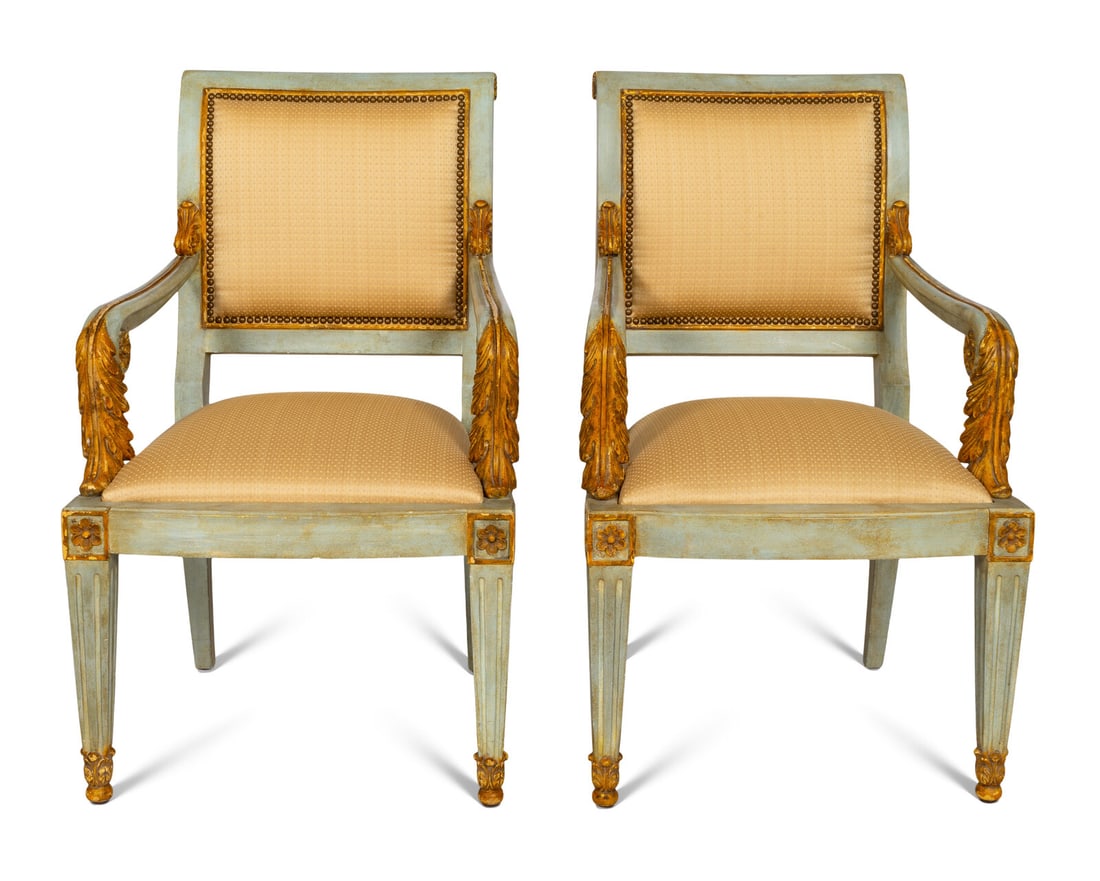 A Pair of Italian Neoclassical Style Blue-Painted and Parcel Gilt Armchairs (1 of 2)