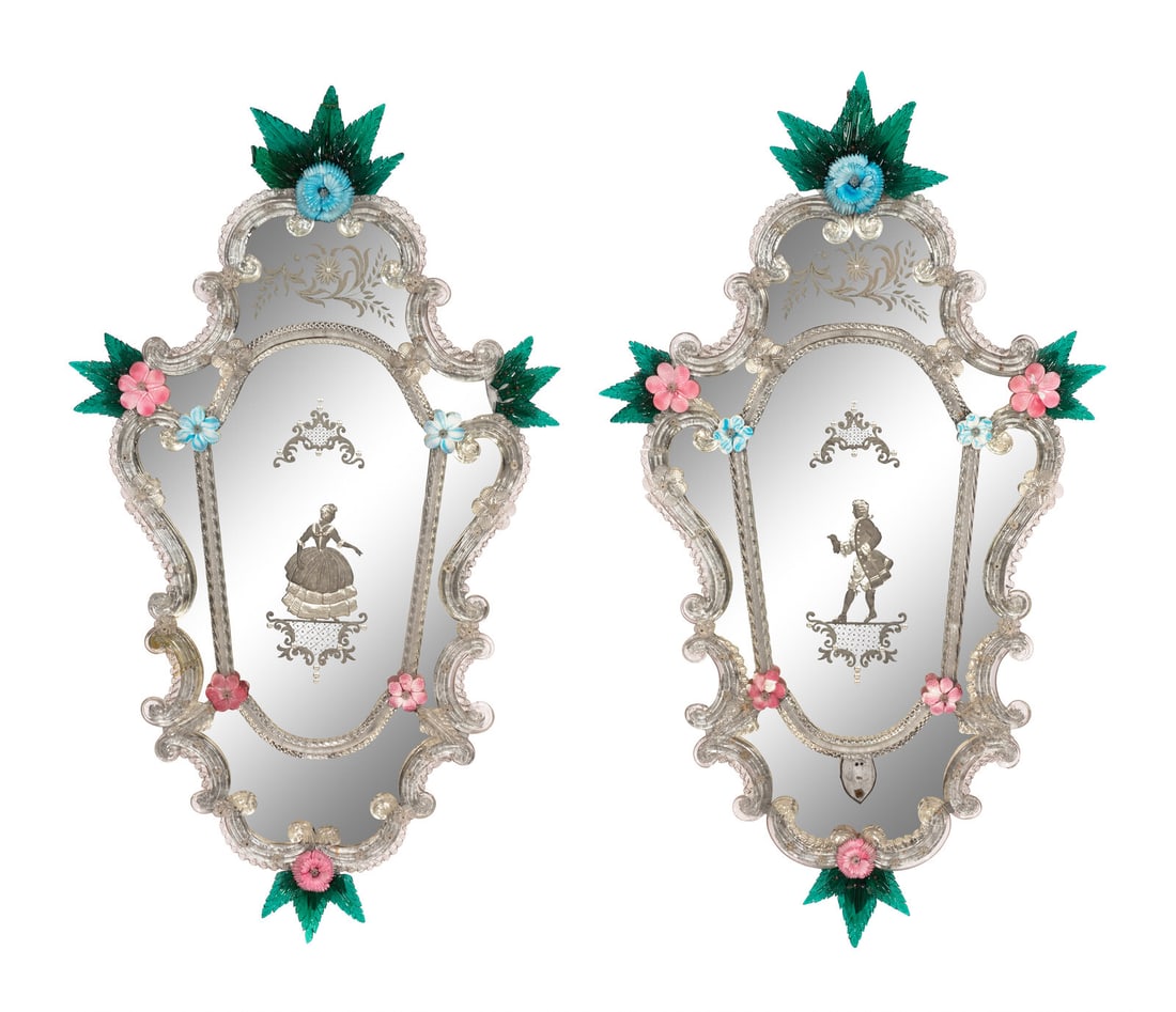 A Pair of Venetian Cartouche Form Etched Glass Girandole Mirrors (1 of 6)
