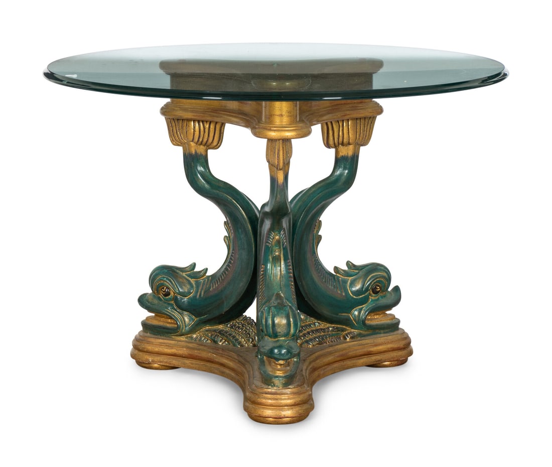 A Painted and Parcel Gilt Glass-Top Dolphin Form Pedestal Table (1 of 8)