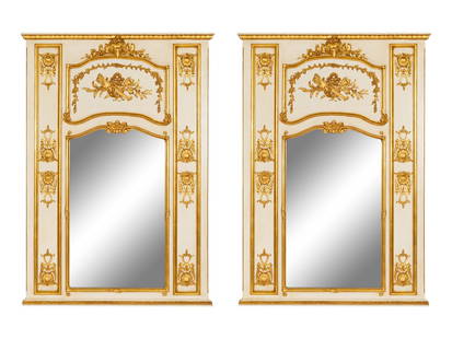 A Pair of Louis XVI Style Cream-Painted and Parcel Gilt Mirrors: A Pair of Louis XVI Style Cream-Painted and Parcel Gilt Mirrors 21st Century Height 62 x width 43 inches. Property from the Collection of Raphael Yakoby, New York This lot is located in Palm Beach.