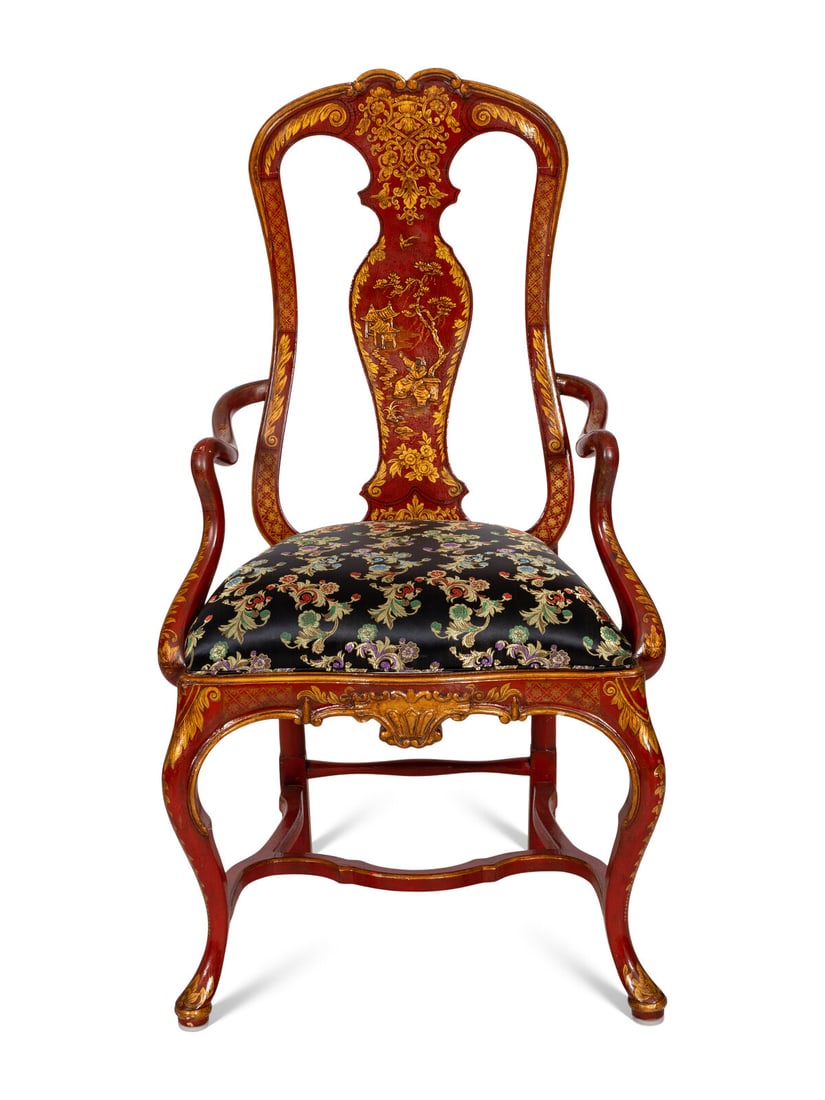 An Italian Rococo Style Red Japanned Armchair: An Italian Rococo Style Red Japanned Armchair 20th Century Height 48 x width 26 x depth 22 inches.