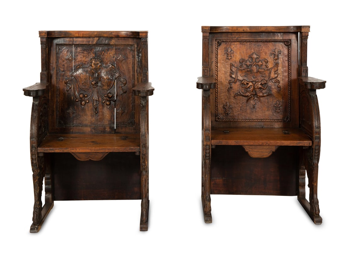 A Near Pair of Late Gothic Walnut and Oak Choir Stalls: A Near Pair of Late Gothic Walnut and Oak Choir Stalls 16th Century and Later Height 44 x width 29 1/2 x depth 17 1/2 inches. Property from the Estate of Norma K. Hunt, Dallas, Texas This lot is locat